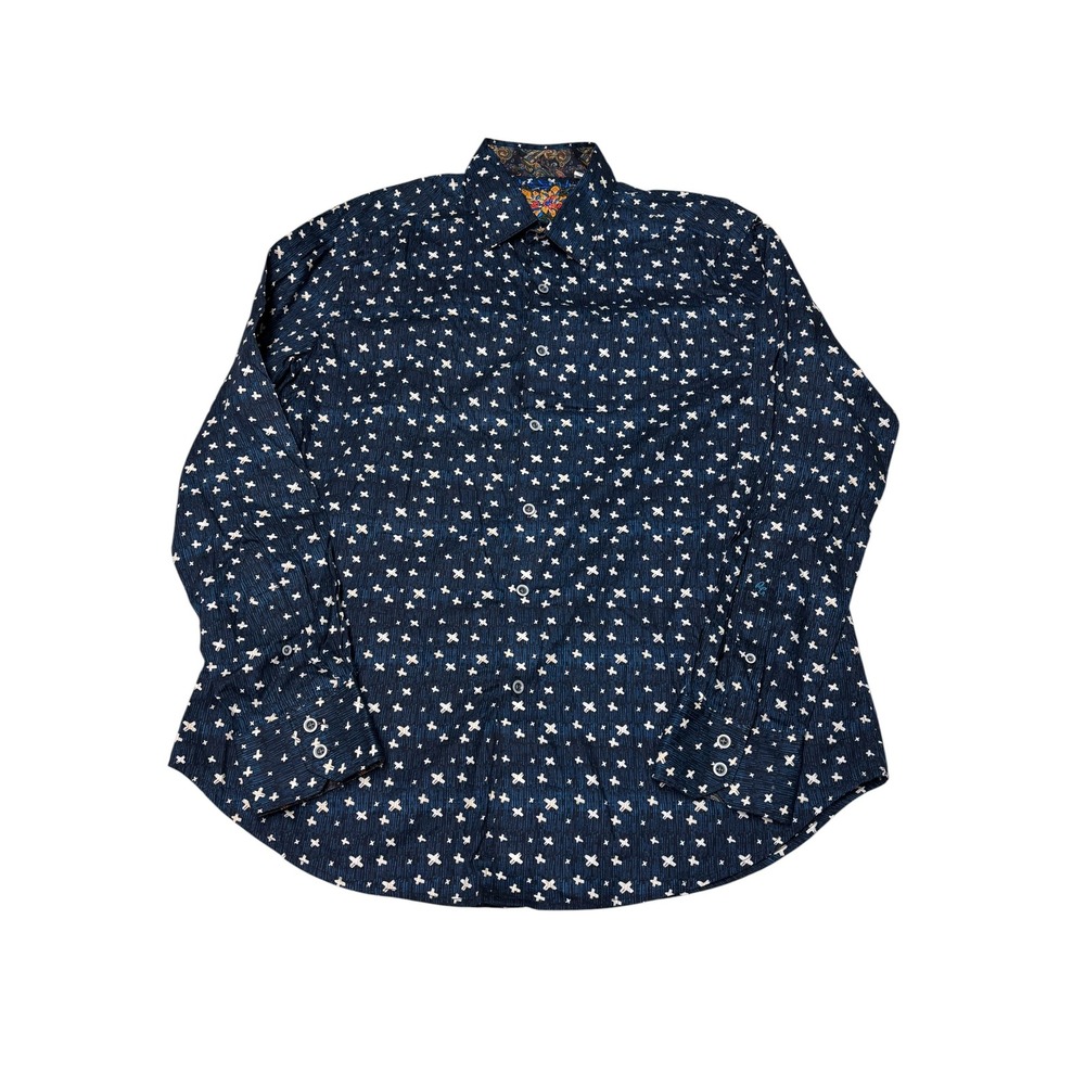 Robert Graham Mens Classic Fit Navy Blue Cross Pattern Button Down Shirt Large